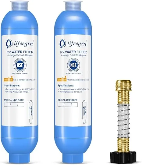 Lifeegrn RV Water Filter with Hose Protector, Inline Water Filter, Reduces Bad Taste, Odors, Chlorine and Sediment in Drinking Water, Blue(2 Packs)