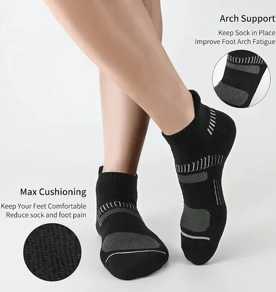 Cooplus Mens Cotton Athletic Ankle Socks Performance Cushioned Breathable Low Cut Tab Sock with Arch Support (6 Pairs) Black-grey-6pairs