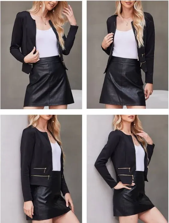 Zeagoo Womens Blazer Cropped Open Front Zipper Dress Jacket O Neck Casual Office Suit Jacket