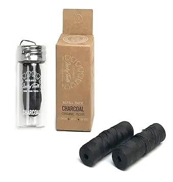Organic Bamboo Fibre with Activated Charcoal Floss in Glass jar + REFILLS with Tea Tree and Peppermint essential oils 90 m / 99 yds total - by Lucky Teeth (1+2 Pack)