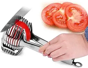 Tomato Lemon Slicer Holder Tomato Knives by Round Fruit Tongs with Handle Kitchen Cutting Aid Holder Kitchen Gadget perfect for vegetables, fruits, etc.