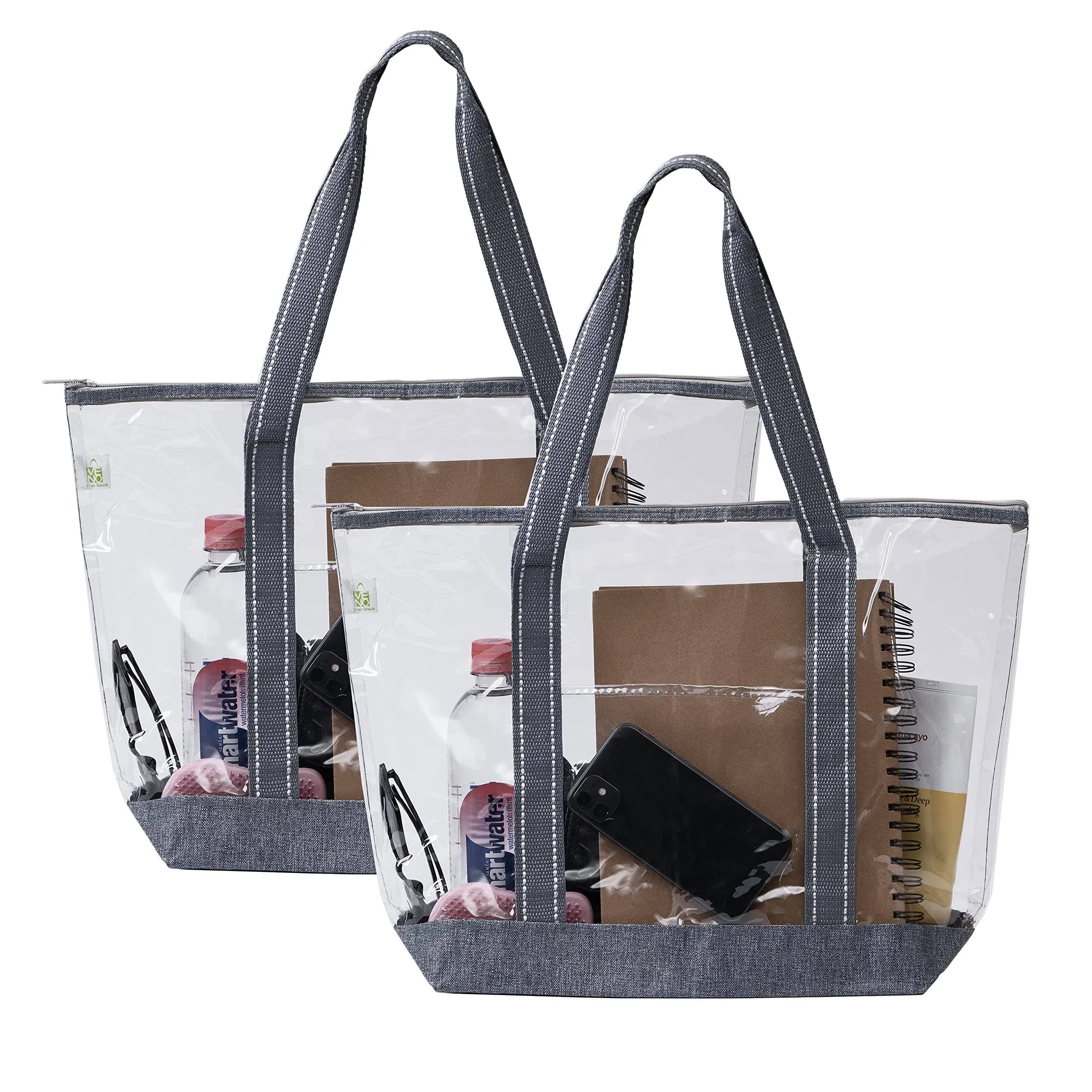  Clear Bag Transparent Vinyl PVC Tote, Stadium, Outdoor, Beach, Gray - Set of 2