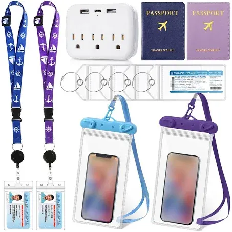 Qilery 11 Pcs Cruise Accessories Kit 2 Cruise Lanyards for Ship Cards 4 Waterproof Luggage Tag Holder with Metal Loop 2 Passport Holder 2 Waterproof Phone Bags 1 Cruise Power Strip (Classic Color)