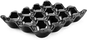 Ceramic Egg Tray 12 Cup Egg Holder Container for Refrigerator Fridge (Black)