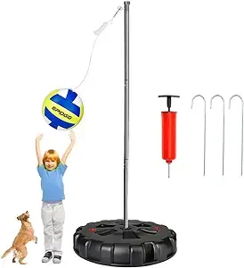 Tetherball Set with Base - Outdoor Portable Tetherball Set with Balls/Pump/Cord/Stakes/Heavy Duty Poles, Family Fun Outdoor Activity Tetherball Set for Outdoor Backyard Lawn Beach