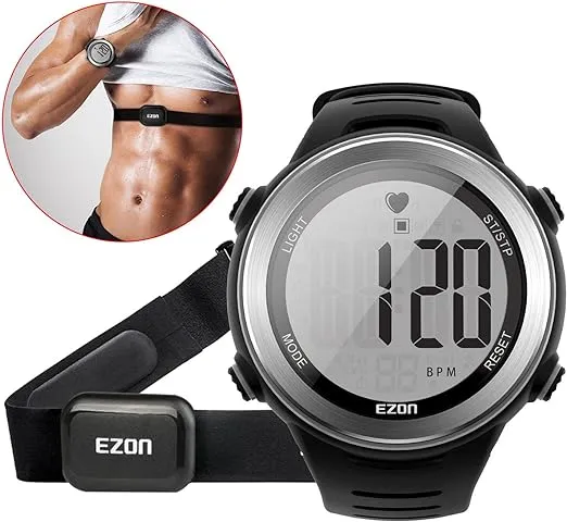 Ezon Heart Rate Monitor and Chest Strap, Exercise Heart Rate Monitor, Sports Watch with HRM, Waterproof, Stopwatch, Hourly Chime T007