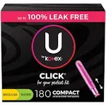 U by Kotex Click Multipack Tampons, Compact, Regular/Super Absorbency, Unscented, 180 Count (6 Packs of 30)