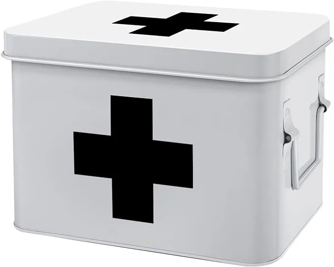 Flexzion First Aid Box Organizer Empty 13" White Vintage First Aid Kit Tin Metal Medical Box - First Aid Storage Box Container Bins with Dividers, Removable Tray and Red Cross Logo