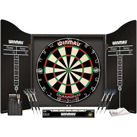 WINMAU Professional Dart Set Includes Diamond Plus Bristle Dartboard - Black Cabinet - 2 Sets of Darts - Official Oche Line