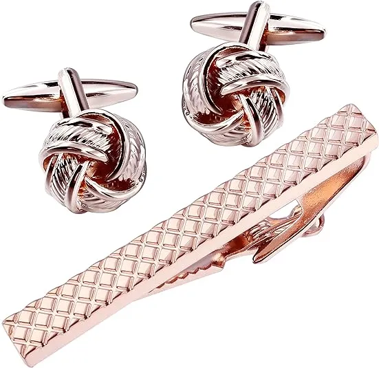 HOT Metal Cufflinks and Tie Clip Set for Men Rose Gold Knot