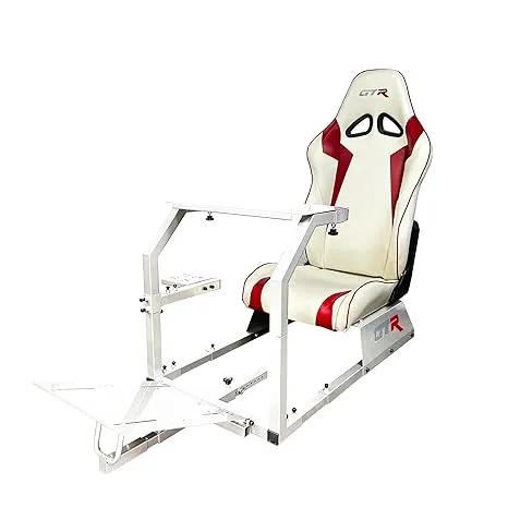 GTR Simulator GTA Model White Frame with Adjustable White Red Leatherette Racing Seat Racing Driving Gaming Simulator Cockpit Chair