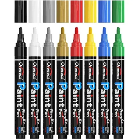 Paint Marker Pens - 8 Colors Permanent Acrylic Markers, Medium Tip, Water Based,