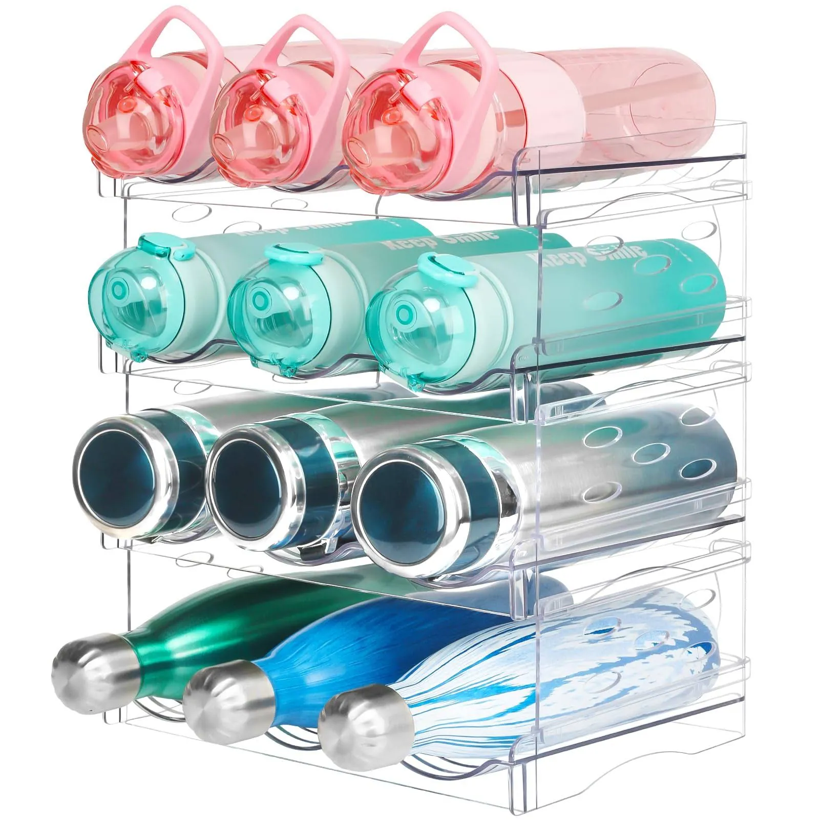 Water Bottle Organizer, Stackable kitchen cabinet organizer, Acrylic Water Bottle Storage Holder Rack for Pantry Organizers and Storage, Drink Organizer for Fridge Organization -4 Tiers for 12 Bottles