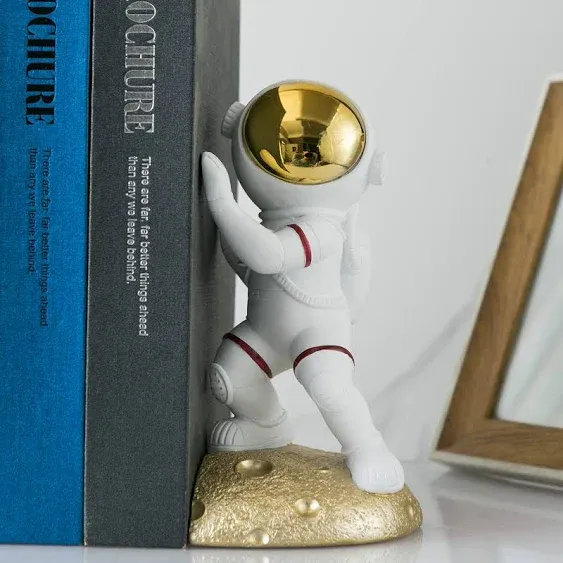 Space Theme Bookends for Shelves, Astronaut Moon Book Ends for Kids Room, Decorative Planet Book Stoppers to Hold Books Heavy Duty, Unique Boys and Girls Gift (Gold)