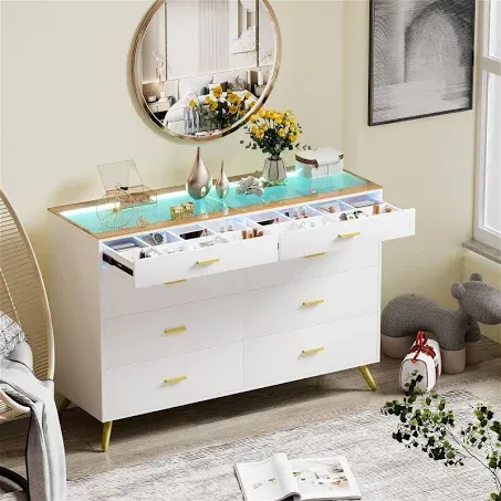 PAKASEPT White Dresser with LED Lights for Bedroom,8 Drawer Dressers with Tempered Glass Top,Chests of Drawers with 2 Grid Drawer,Storage Organizer Dresser for Hallway,Living Room