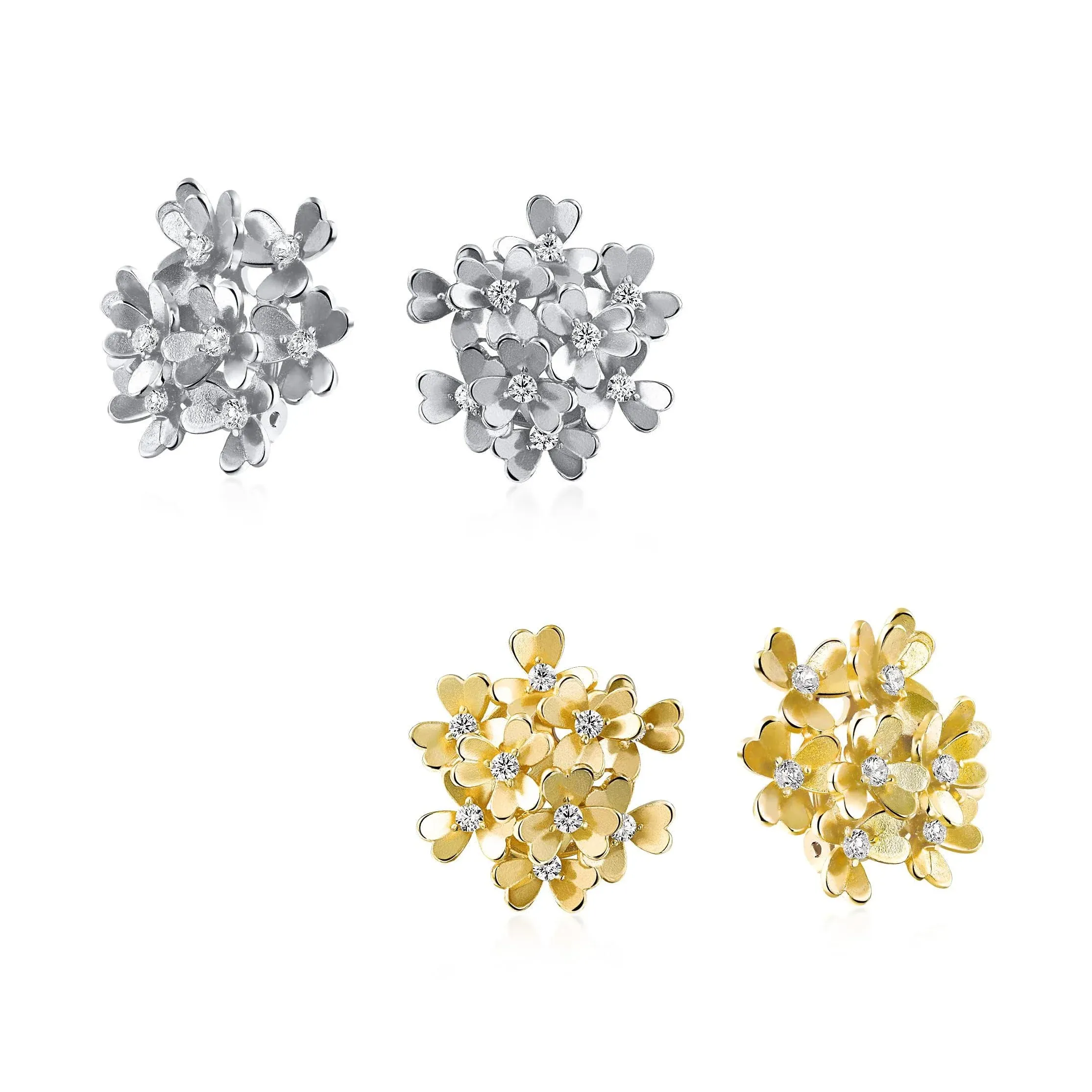 CZ Floral Cubic Zirconia Bouquet Of Flower Clip On Earrings For Women Non Pierced Ears Silver Rose Or Gold Plated Set