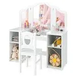 INFANS Kids Vanity, 2 in 1 Princess Makeup Desk & Chair Set with Tri-Folding Detachable Mirror, Large Storage Shelves, Wooden Pretend Play Dressing Table for Girls