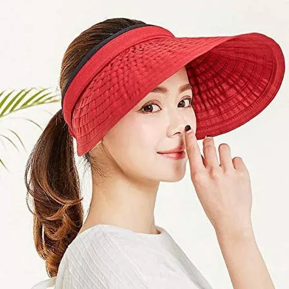 shugii Womens Summer Foldable Straw Sun Visor w/Cute Bowtie UPF 50+ Packable Wide Brim Roll-Up Visor Beach Hat (E218-7red), Women's, Size: One Size