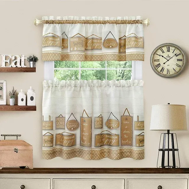 Woven Trends Modern Farmhouse 3-Piece Window Curtains, Two Tier Panels & Valance, Elegant Textured Soft Curtain for Living, Dining Room, Bedroom, Kitchen (58 x 24 in., Beige)