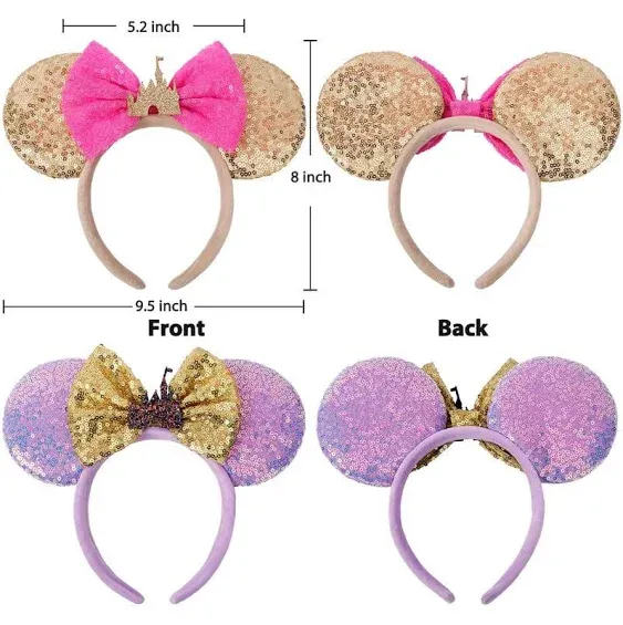 Mouse Ears Headbands, 2 PCS Castle Mouse Ears for Women Girls, Shiny Bow Headbands Themed Park Ears Cosplay Accessories