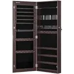 SONGMICS Mirror Jewelry Cabinet Armoire, Lockable Wall-Mounted Organizer Unit with 2 Plastic Cosmetic Storage Trays, Brown