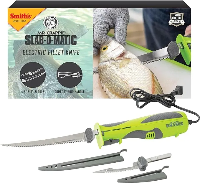 Smith’s Mr. Crappie Slab-O-Matic Electric Fillet Knife - Removable 8” & 4.5” Serrated Stainless Steel Blades w/ Sheaths - Fillet Glove & Mesh Storage Bag - Fishing, Outdoor, Hunting Electric Knife