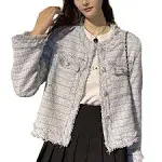 SaytoRose Women's Plaid White Tweed Blazer Open Front Collarless Blazer Elegant ...