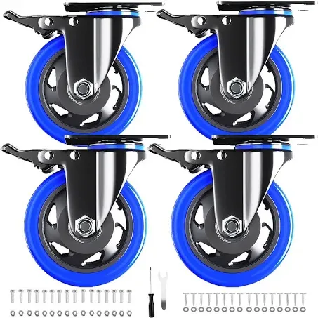 4 Inch Caster Wheels with Brake, Heavy Duty Casters Set of 4, Swivel Top Plate Casters with Double Ball Bearings, Industrial Locking Castor Wheels For Furniture, Workbench, Cabinet(Free Hardware Kits)