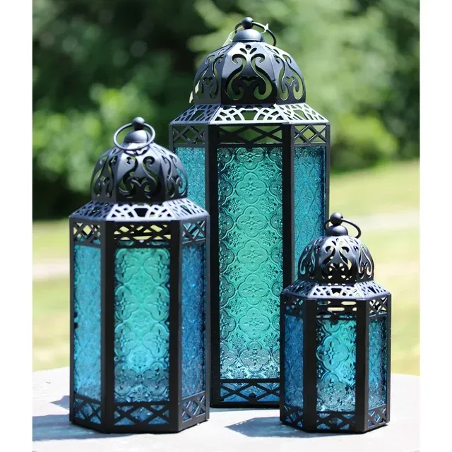 VELA LANTERNS Moroccan Candle Lanterns Decorative Set of 3 for Floor, Ramadan Decorations, Indoor Home Decor, Outdoor Patio or Porch, Weddings, Blue