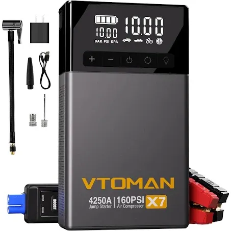 VTOMAN X7 Jump Starter with Air Compressor, 4250A Portable Car Starter with 160PSI Digital Tire Inflator,12V Lithium Battery Charger Booster Box with Type-C Quick Charge (Up 10L Gas/10L Diesel Engine)