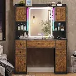 Tiptiper Makeup Vanity with Lights & Charging Station, Vanity Table with Time Display Mirror, Ambient Light, Storage Cabinets, Rustic Brown and Black