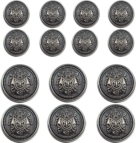 14 Piece Antiqued Black Silver Metal Blazer Button Set - Crown - for Blazer, Suits, Sport Coat, Uniform, Jacket 15mm 20mm