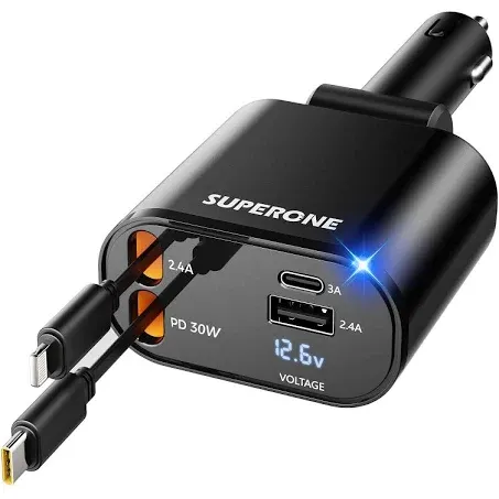 【Upgraded】 SUPERONE Retractable Car Charger 4 in 1, Fast Car Phone Charger with Cord 2.6ft, USB C and Apple Car Charger Adapter, Compatible with iPhone 16 15/15 Pro Max/14/13/12/11, Galaxy, Pixel