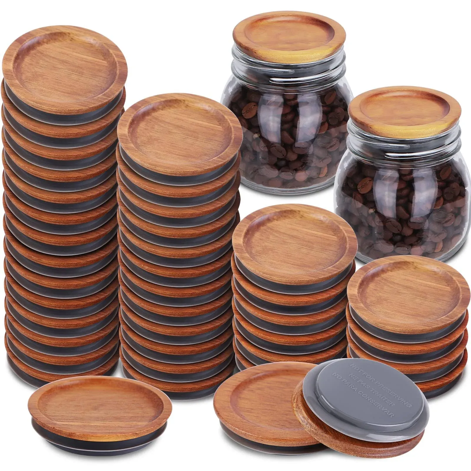 36Pack Regular Mouth Mason Jar Lids Acacia Wooden Storage Canning Jar Lids Ball Jars Bamboo Wooden Lids with Airtight Silicone Seal Ball Wooden Lids for Mason Jars, Brown