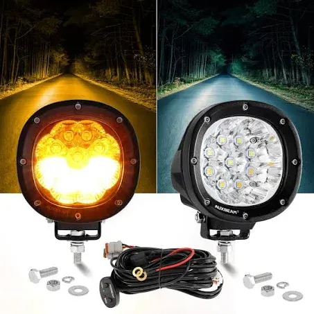 Auxbeam 6 Modes Amber White Round LED Offroad Lights, 4Inch 90W Dual Color Strobe Light Bar Off Road Fog Lights, Spot Beam Flashing LED Pods Offroad Lighting Amber Spotlights for Trucks, Pair