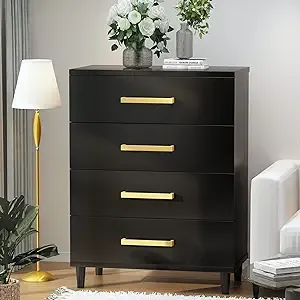 AWQM 4 Black Drawer Dresser for Bedroom, Wooden Chest of Drawers with Cut-Out Handles, Modern Office File Storage Cabinet for Bedroom, Office, Living