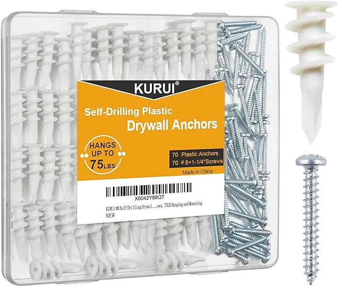 KURUI #8 Self Drilling Drywall Anchors, 140PCs Wall Anchors and Screws for Shelf Brackets, Mirror, Curtain Rods, 70 Self-Tapping/Threaded Plastic Sheetrock Anchors + 70#8 x 1-1/4'' Wood Screws, 75 Lb