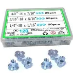 T Nuts 1/4"-20,5/16"-18, 3/8"-16,Hincell 120pcs Zinc Plated Steel T-Nut 4 Pronged Tee Blind Nuts Assortment Kit for Wood, Rock Climbing Holds, Cabinetry, Furniture,etc.