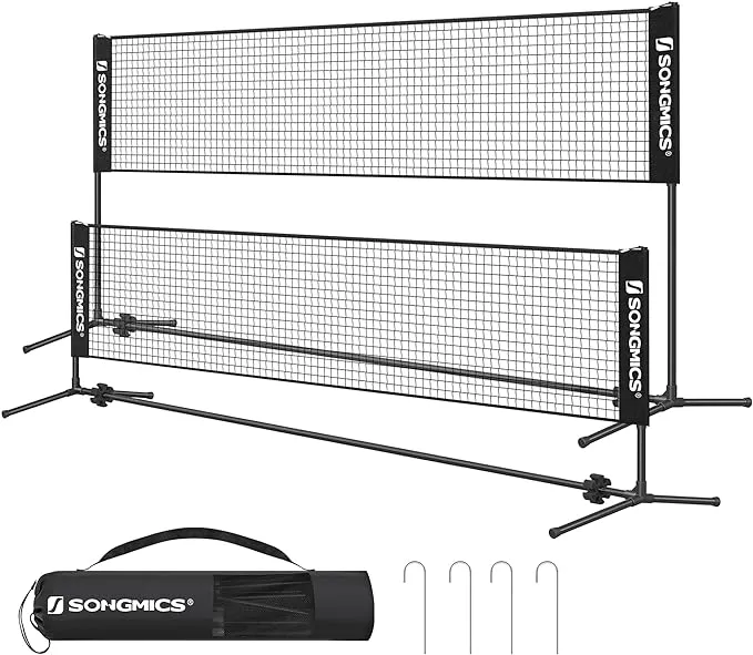 SONGMICS Badminton Net, Height Adjustable Volleyball Net, Pickleball Net for Junior Tennis, Kids, Indoor Outdoor Court, Foldable Nylon Net with Poles 10ft/13ft/16.5ft Wide