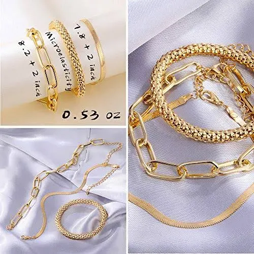 IFKM 6 Pack (24 Pcs) Boho Gold Chain Bracelets Set for Women, 14K Gold Plated Multiple Layered Stackable Open Cuff Wrap Bangle Adjustable Link