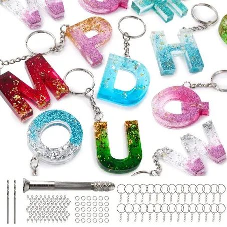 Mocoosy 134Pcs Alphabet Keychain Resin Molds Kit, Reversed Letter Number Silicone Mold Epoxy Resin Casting Molds Key Chain Making Set with 1 Hand Drill 2 Drill Bits 30 Key Rings 100 Screw Pin