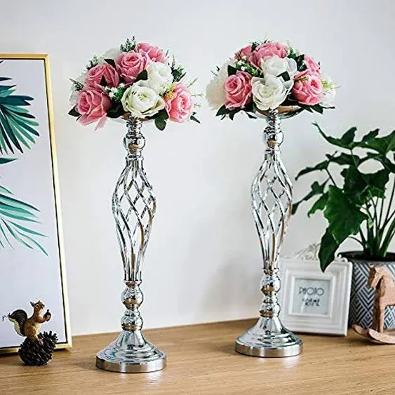 NUPTIO Set of 2 Versatile Silver Flower Arrangement Stand &amp; Pillar Candle Holder