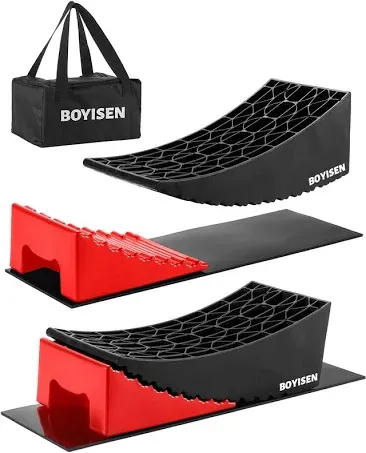 BOYISEN Camper Levelers 2 Pack - RV Leveling Blocks Ramp Kit Support Dual Axles Tandem Wheel Up to 35,000lbs RV Levelers with 2 Levelers 2 Chocks 2 Anti-Slip Mats and Carrying Bag Black