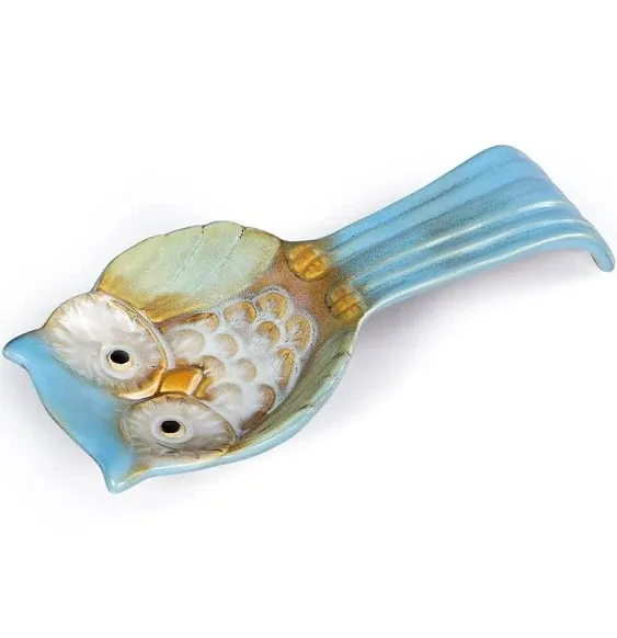 Owl Spoon Rest, Ceramic Ladle Holder, Utensil Rester for Stove Top, Kitchen Counter, Dining Table, Coffee Station (Blue)