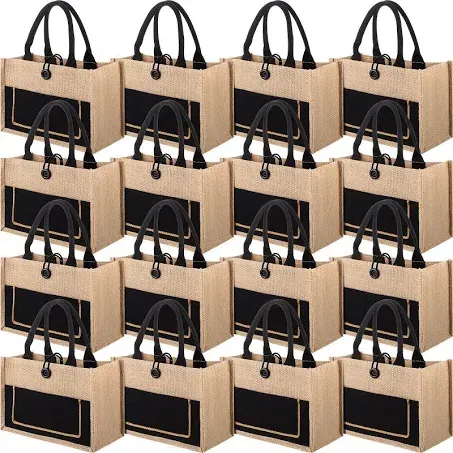 16 Pieces Jute Burlap Totes Jute Tote Bags Reusable Burlap Bags with Handles for Wedding Shopping, 11.8 x 7.87 x 5.5 Inches (Black)