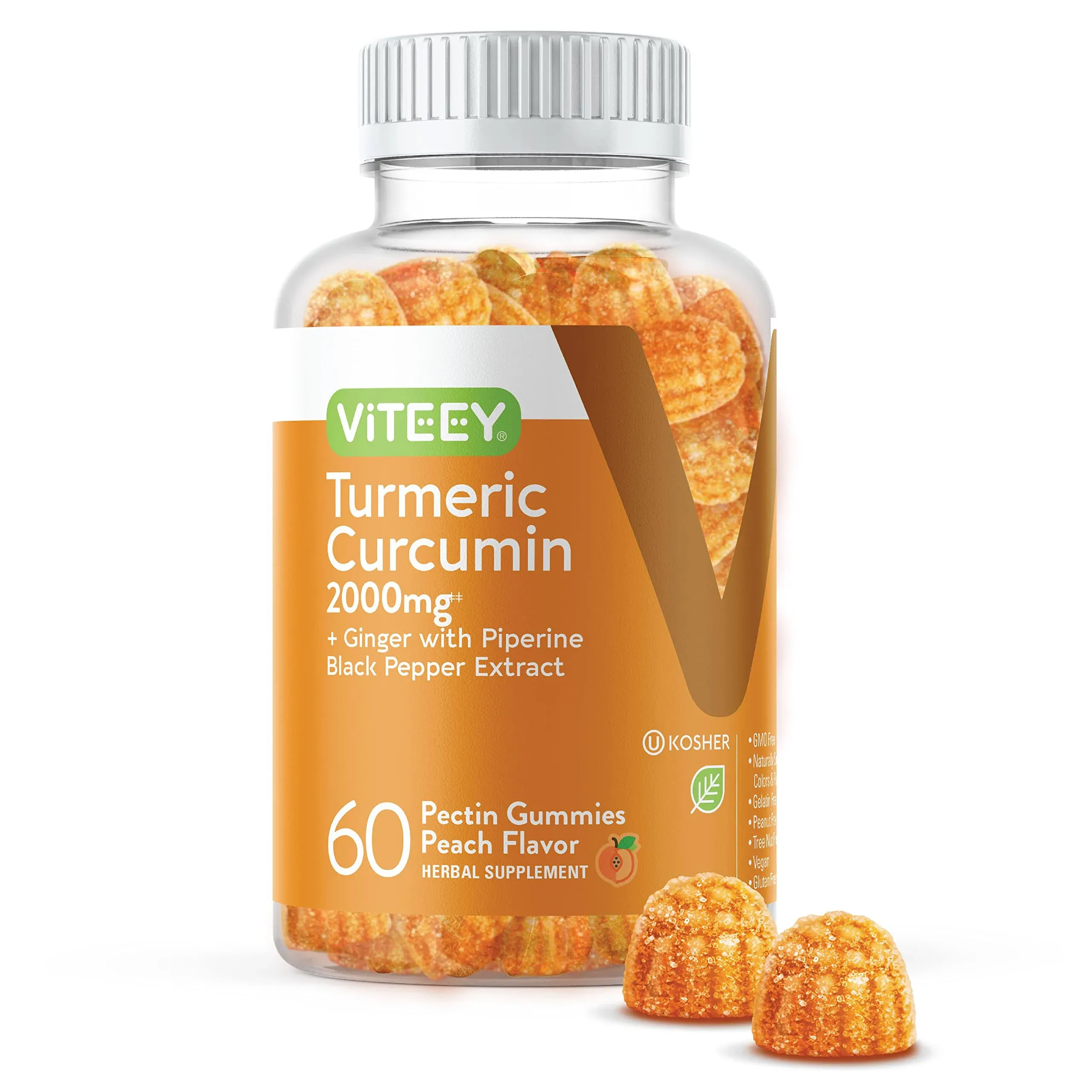 Turmeric Curcumin Gummies with Ginger & Black Pepper Herbal Supplement, 2000mg, Immune Support, Healthy Skin, and Joint Health, Vegan, Pectin Based, for Adults and Teens - Chewable Peach Flavor(2Pack)