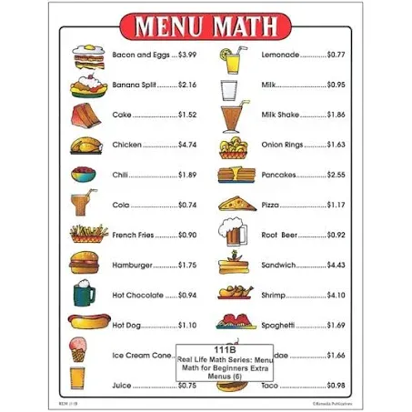 Remedia publications Menu Math for Beginners 6pk Extra Price Lists