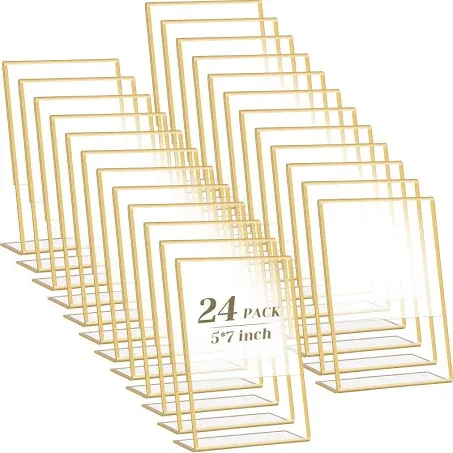 24 Pack Acrylic Sign Holder with Gold Borders, Gold Picture Frame Plastic Display Holder Clear Paper Holder with Vertical Slant Back Table Menu Stands for Wedding Office Restaurant (5 x 7 Inch)