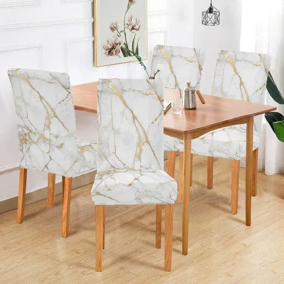 xigua 4 Pack Chair Covers for Dining Room,White Gold Marble Texture Stretchable Dining Chair Slipcover Washable Removable for Kitchen,Hotel,Restaurant,Ceremony Protector - Universal Size