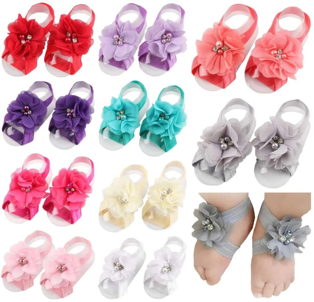 Toptim Baby Girl&#039;s Barefoot Sandals Flower for Toddlers (10 Mix Colors)  